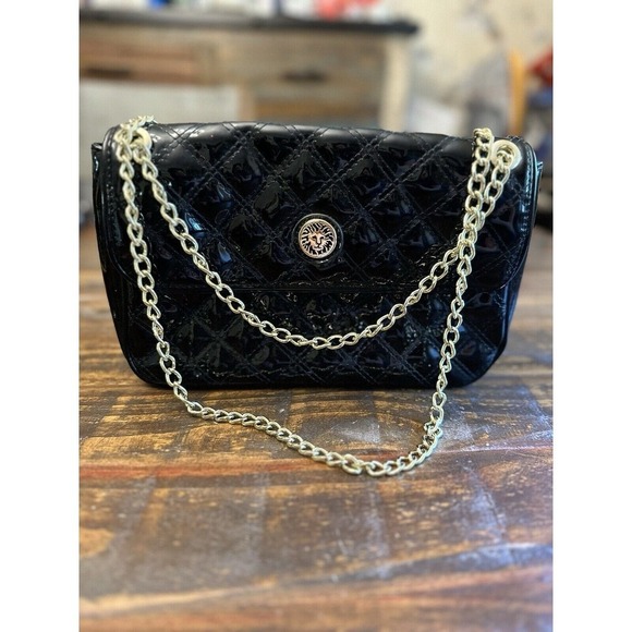 Anne Klein Purse Black Patent Gold Chain Quilted Shoulder Bag‎ Classic Crossbody - Picture 1 of 9